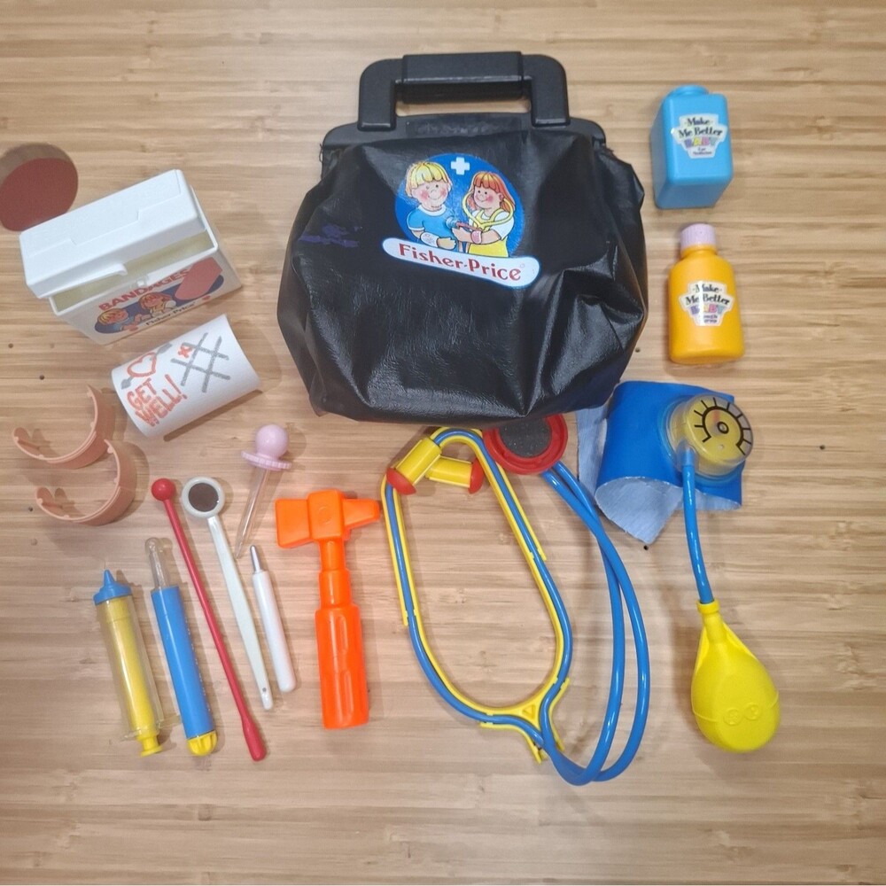 Vintage Fisher Price 1987 Black Medical Kit Bag Supplies Doctor Nurse Kids Toy